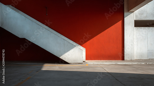 Concrete staircase exterior with vibrant red wall and sharp geometric shadows cast by sunlight in modern architectural design for urban industrial style building structure