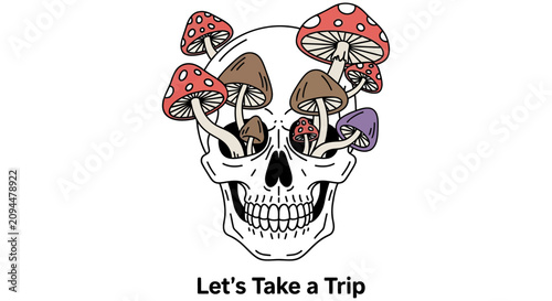 фотографія Skull With Growing Mushrooms Colorful Vector Illustration On White Background cr