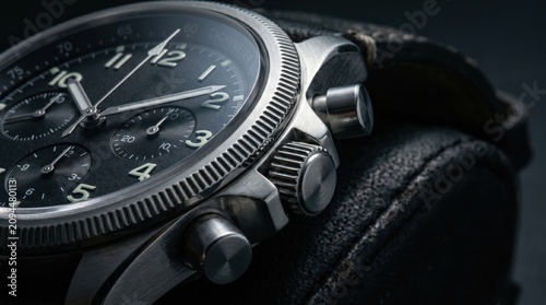 Vintage pilot chronograph watch with black dial, stainless steel military wristwatch on leather strap, luxury masculine timepiece for men