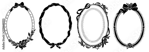 Four vintage oval frames, each uniquely designed. Bold lines and delicate details define their styles. Bows, vines, and ribbons add classic charm. Perfect for scrapbooking, invitations