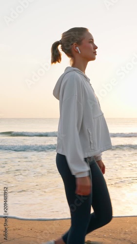 Young fit woman walking fast on sandy beach at sunrise vertical smartphone video orientation female athlete in wireless earphones exercising near sea waves morning workout healthy lifestyle.