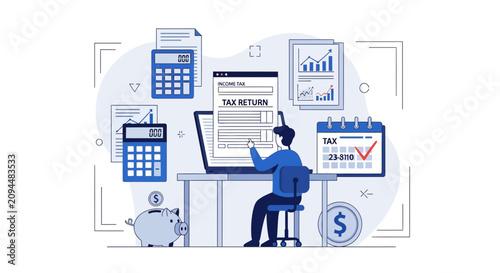 Tax Return Filing Concept: Person at Desk with Laptop, Piggy Bank, Calculator, Calendar