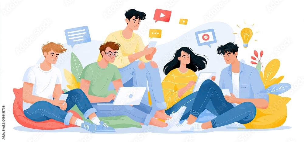 Obraz premium Young students engaged in remote learning using colorful visuals and interactive digital tools in a lively virtual setting.