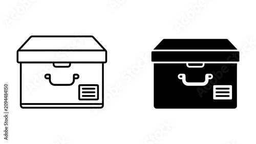 фотографія Storage Box Icon: Two icons of a storage box, one in outline and one solid black, representing organization and safekeeping