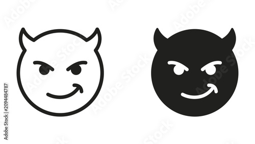 Foto Mischievous Devil Emoji: Two stylized devil emojis, one outlined and one filled black, depict a mischievous expression with a sly smile and devil horns, representing cunning or playful naughtiness