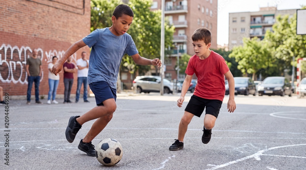 Obraz premium Two young boys playing soccer on an urban playground, with spectators in the background and buildings visible in the distance