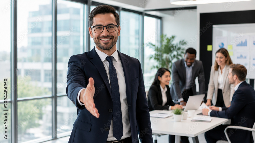 Fototapeta premium Professional businessman reaching out for a handshake in a modern office with his diverse team working in the background during a corporate meeting to welcome a new client or business partner