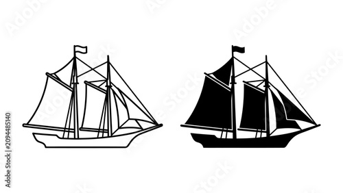 Fotografi Sailing Ship Outline and Silhouette: Two detailed illustrations of a sailing ship, one in outline form and the other as a solid silhouette