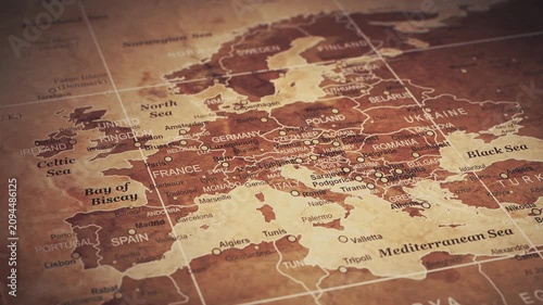 Stylized vintage political map of EU European Union and Europe. 3d animation
