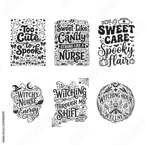 Too cute to spook Halloween nurse vector t-shirt design bundle