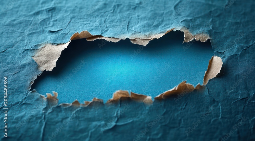 Fototapeta premium torn blue paper revealing bright teal textured layer with rough fibrous edges and dramatic lighting, evoking curiosity and discovery