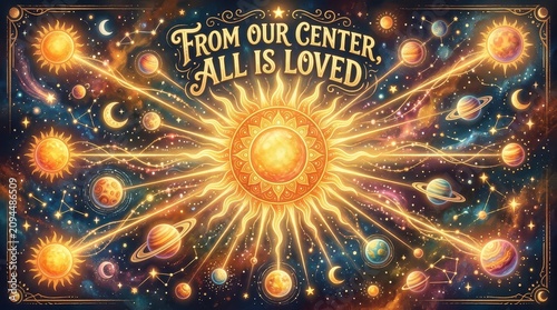 Radiant Sun and Planets in Cosmic Galaxy, Inspirational Celestial Art