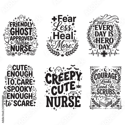 Friendly ghost nurse Halloween vector design bundle with cute spooky quotes