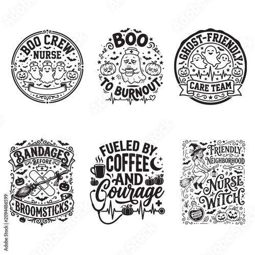 Spooky nurse Halloween retro vector design bundle with ghost and coffee illustrations