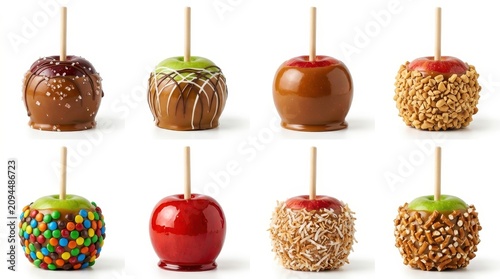 Assorted gourmet caramel and candy apples featuring various toppings like nuts chocolate and colorful sweets on wooden sticks isolated on white background perfect for festive autumn holiday snacks!!