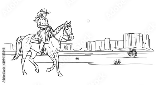 Cowgirl Riding A Horse In A Desert Landscape Black And White Line Art