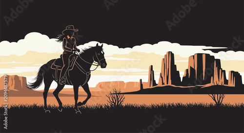 Silhouette Of A Horseback Rider Against A Desert Landscape With A Gradient Sky