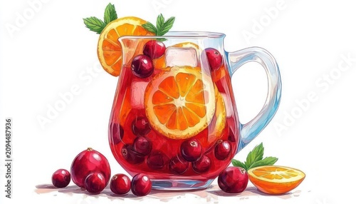 Bright pitcher of red fruit punch with orange slices, whole cranberries, ice cubes and mint leaves, halved orange on table, refreshing cheerful scene