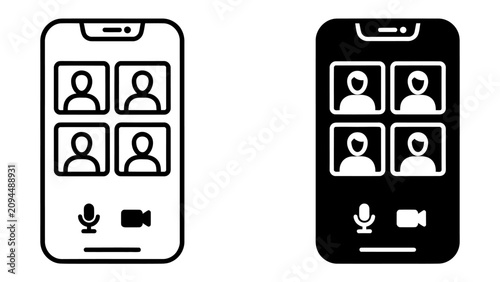 Schilderij op canvas Video Call Interface: Two stylized smartphone screens display a grid of four participant icons each, symbolizing a video conference call, with microphone and camera icons at the bottom