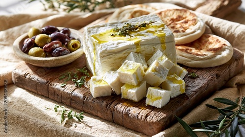 Gourmet feta cheese with olive oil and green herb topping on rustic wooden serving board.