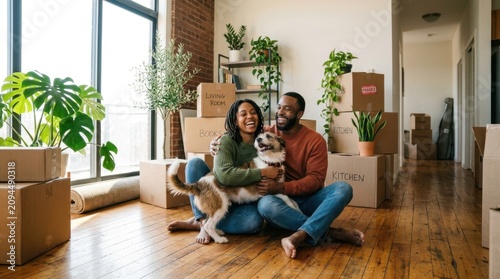 Happy African American couple sitting on floor with dog in new bright apartment surrounded by cardboard boxes during moving day celebrating home ownership and new beginnings in modern sunny interiors.