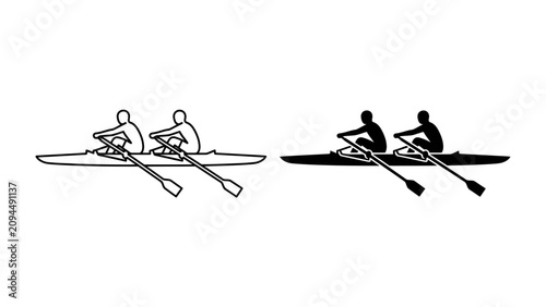 Foto Rowing Duo: Two individuals in a rowing boat, depicted in both line art and silhouette, propel forward with synchronized strokes, embodying teamwork and athletic endeavor