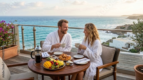 Romantic couple in white bathrobes enjoying breakfast on luxury balcony, morning coffee with ocean view, tropical fruit and pastries at seaside resort