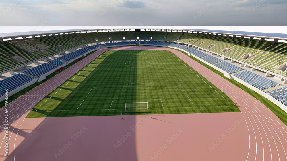 Fototapeta premium Large multi-purpose athletics stadium with running track, soccer field, and expansive seating designed for international sporting events and outdoor competitions.