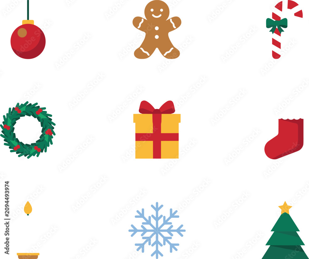 Fototapeta premium Christmas Holiday Flat Vector Icon Set Featuring Bauble, Gingerbread Man, Candy Cane, Wreath, Gift Box, Stocking, Candle, Snowflake, and Christmas Tree