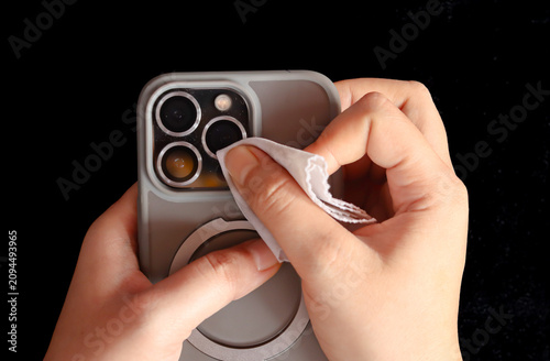 Close-up of a woman's hand cleaning a smartphone camera lens with a microfiber cloth. Removing dust, fingerprints, and smudges for clear photos, device maintenance, and electronics care.