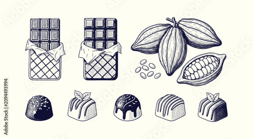 Bild auf Leinwand Hand drawn chocolate bars and cocoa pods sketch set