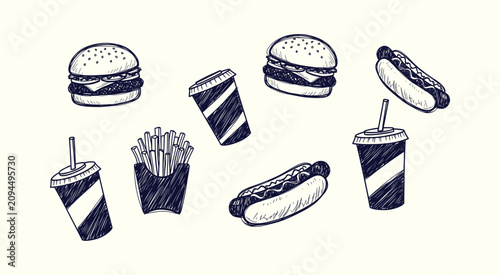 Принти на полотні Collection of hand drawn fast food doodle icons including burgers hot dogs fries and soda cups
