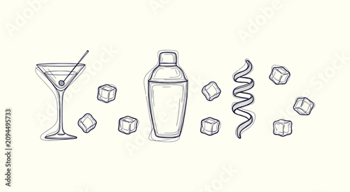 Canvastavla Hand drawn cocktail set with martini glass shaker ice cubes and citrus twist gar