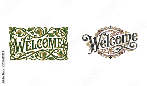 Ornate decorative welcome typography designs with floral and vintage patterns
