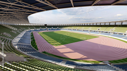 Photos Modern athletics stadium featuring an Olympic-style running track, central football field, and expansive seating bowl for professional competitions and public sporting events