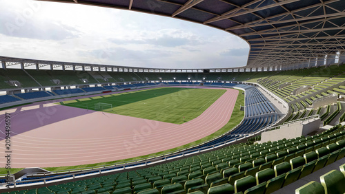 Konstfotografi Spacious outdoor athletics stadium with running track, football pitch, and modern grandstands designed for international competitions and large public sporting events
