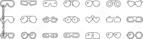 Foto Collection of outline eyewear icons featuring various glasses styles and frame shapes vector set of protective goggles fashion spectacles and 3d movie glasses for web interface design use