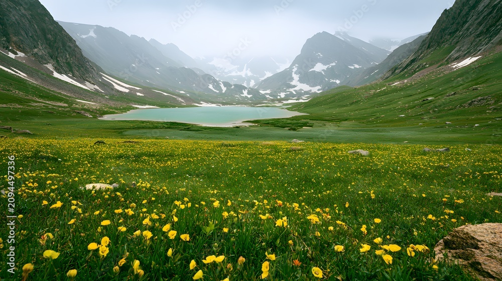 Fototapeta premium Serene alpine landscape golden hour light snow peaks over turquoise lake tranquil meadow wildflowers inspire awe