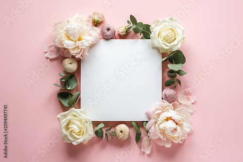 Flat lay composition with white flowers and yarn balls on a pink background