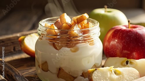 Healthy Yogurt Parfait with Caramelized Apples on a Rustic Wooden Tray