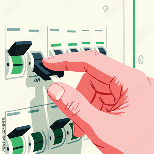 Hand flipping circuit breaker switch to the ON position inside a building
