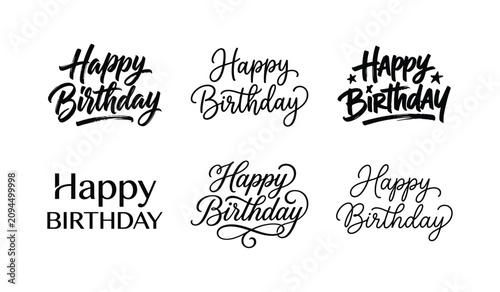 Varied six styles of happy birthday lettering and typography set with birthday