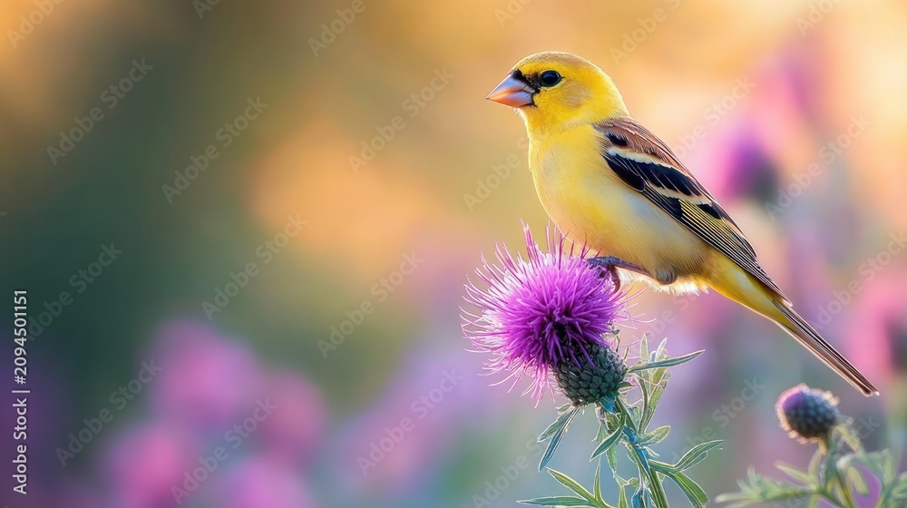 Fototapeta premium vibrant yellow finch perched on a purple thistle bloom with soft warm bokeh, a peaceful and delicate summer morning scene