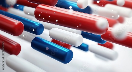 glossy red, blue, and white pharmaceutical capsules floating in a clean white space, dynamic futuristic medical scene conveying clinical precision and energetic motion