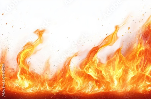 intense orange and yellow flames rising across a white background with glowing embers and sparks, conveying fierce heat and danger