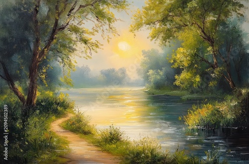 sunlit riverside path winding between green trees with golden reflections on calm water and gentle mist, evoking a peaceful serene morning landscape