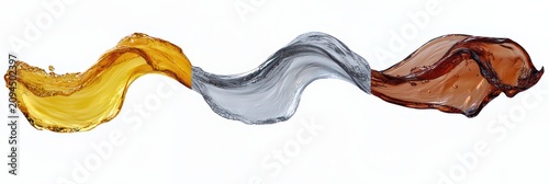 three flowing liquid ribbons in yellow, silver and amber splashing in dynamic elegant motion on white background