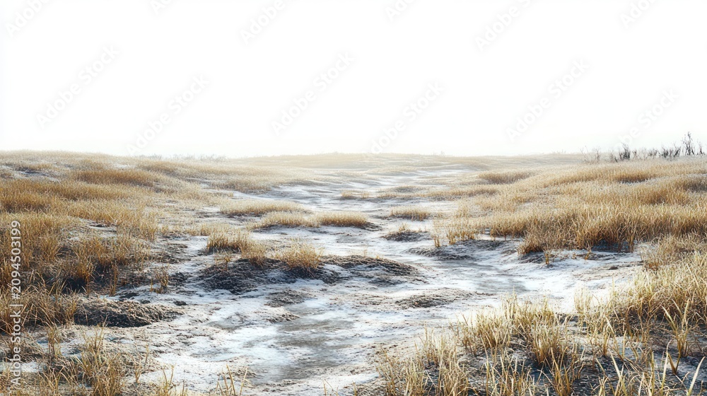 Obraz premium windswept frosty grassland with golden dried grasses, scattered patches of snow and muddy ruts beneath a pale bright sky, evoking quiet solitude and cold serenity