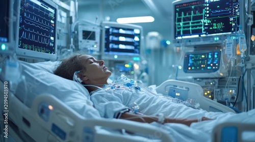 Critically ill patient lying in an intensive care hospital bed connected to a ventilator and life support monitors, surrounded by medical equipment in a somber clinical atmosphere