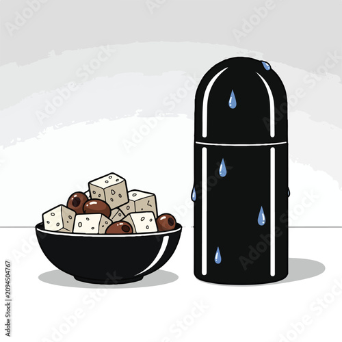 Cubes of cheese and olives next to a sweating black container